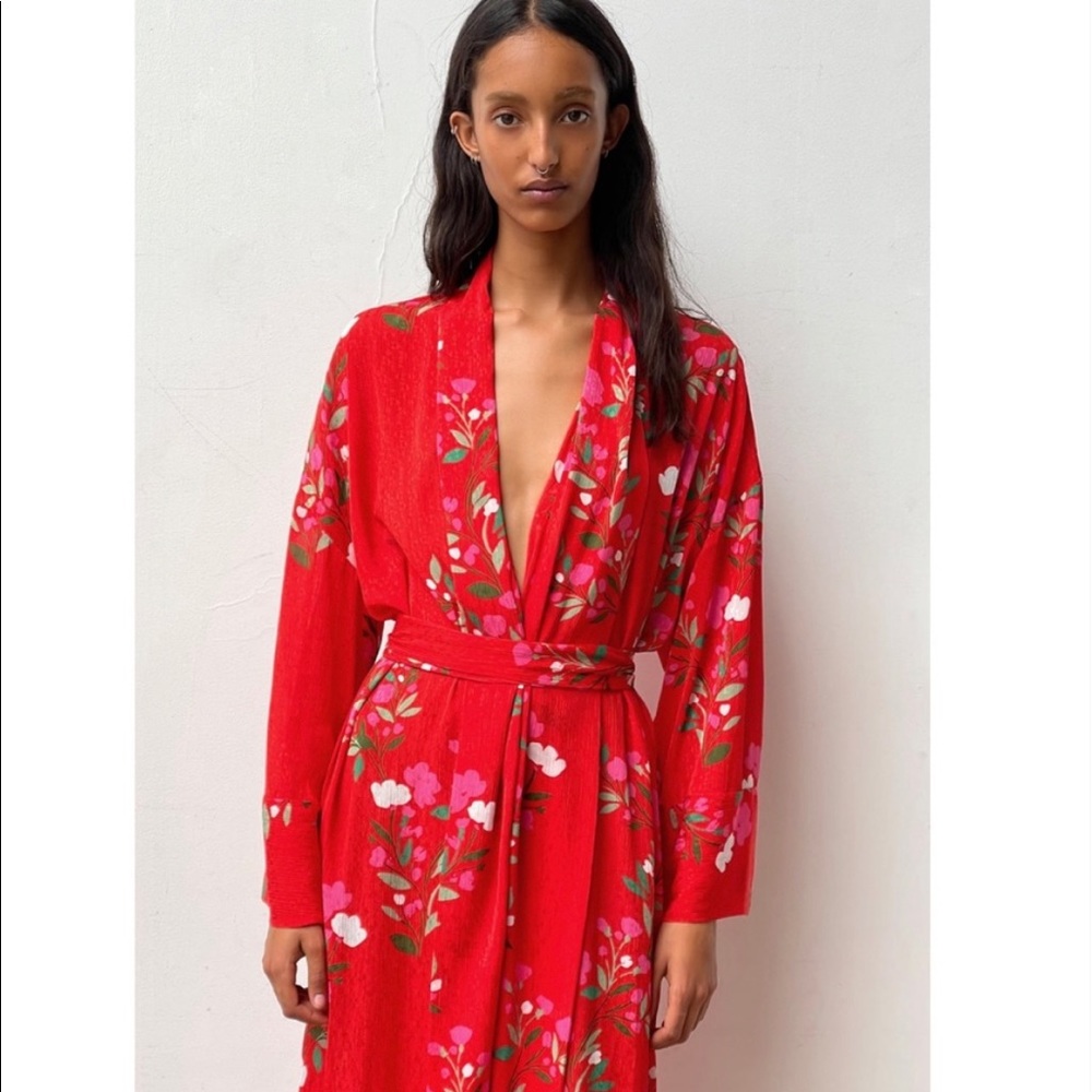 ZARA FLORAL LONG KIMONO STYLE PRINT DRESS